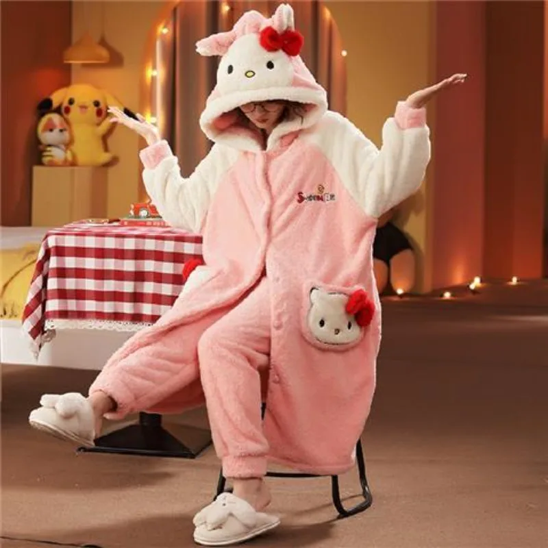 

Hello Kitty Cinnamoroll Kuromi My melody new women's autumn and winter thickened coral velvet long nightgown cute nightgown set