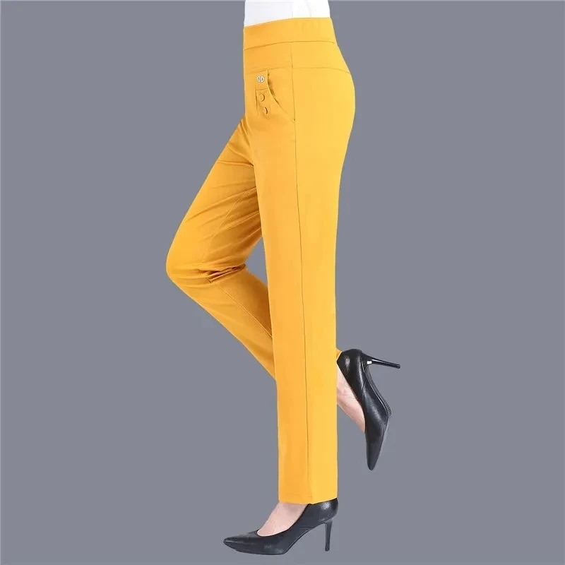 Plus Size Casual Women Elastic Basics Pencil Pants Straight Trousers OL Candy Colors High Waist Ankle-Length Pants Middle-aged
