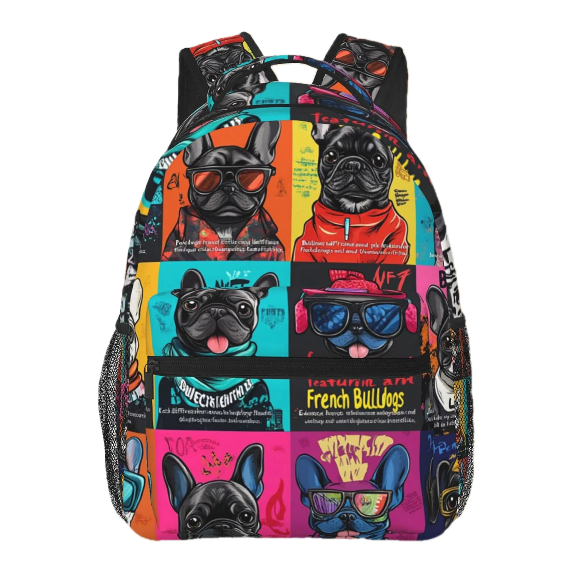 Street Hip-Hop French Bulldog Print Backpack Adjustable Straps Multiple Pockets Durable Polyester Commuter Travel Backpack
