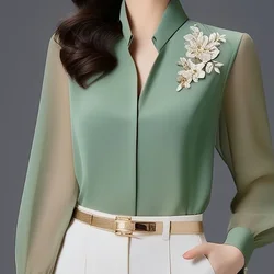 Elegant Solid Color Chinese Style Shirts Summer Fashion Chiffon Pullovers Ladies Temperament Tops Perspective Women's Clothing