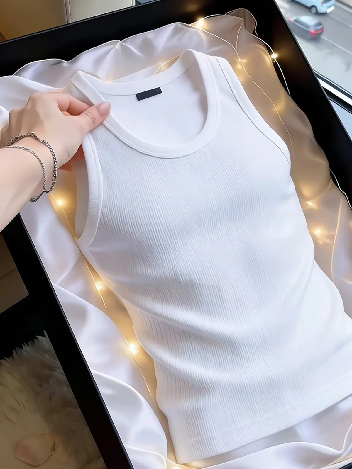 White Ice Silk Ribbed Vest Men's Slim Fit Muscle Fitness Quick Dry Breathable Sports Sleeveless Shoulder Pad Tank Top