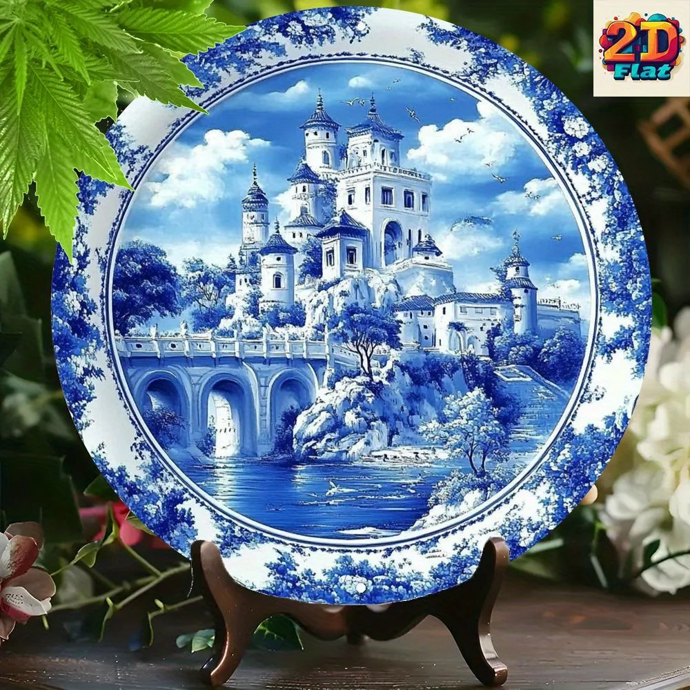 2D Vintage Metal Sign, Fairy Tale Castle Wall Art Decor, Blue White Round Ornament with Bridge River Sky Birds, Dreamy Design fo