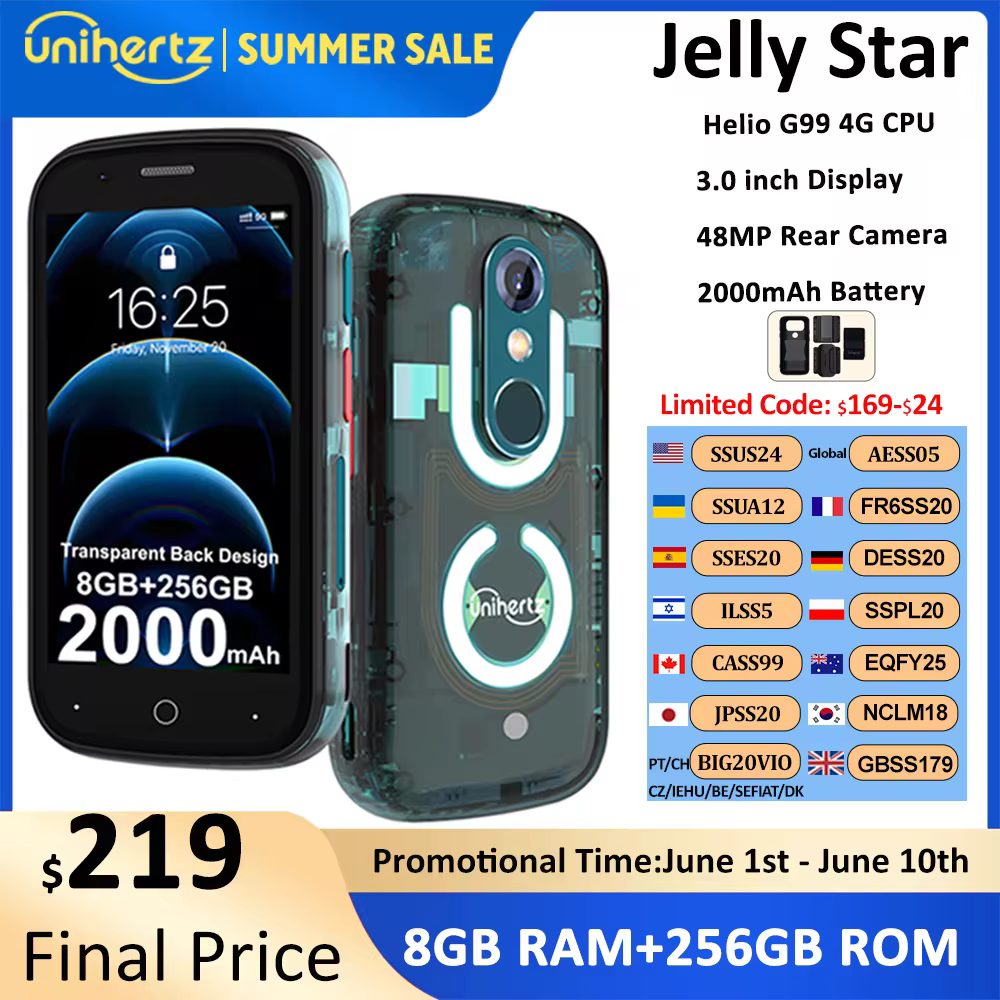 Unihertz כוכב ג 'לי אנדרואיד 13 8GB 256GB Led אור סמארטפון שקוף Backshell 48MP 3 אינץ 2000mAh