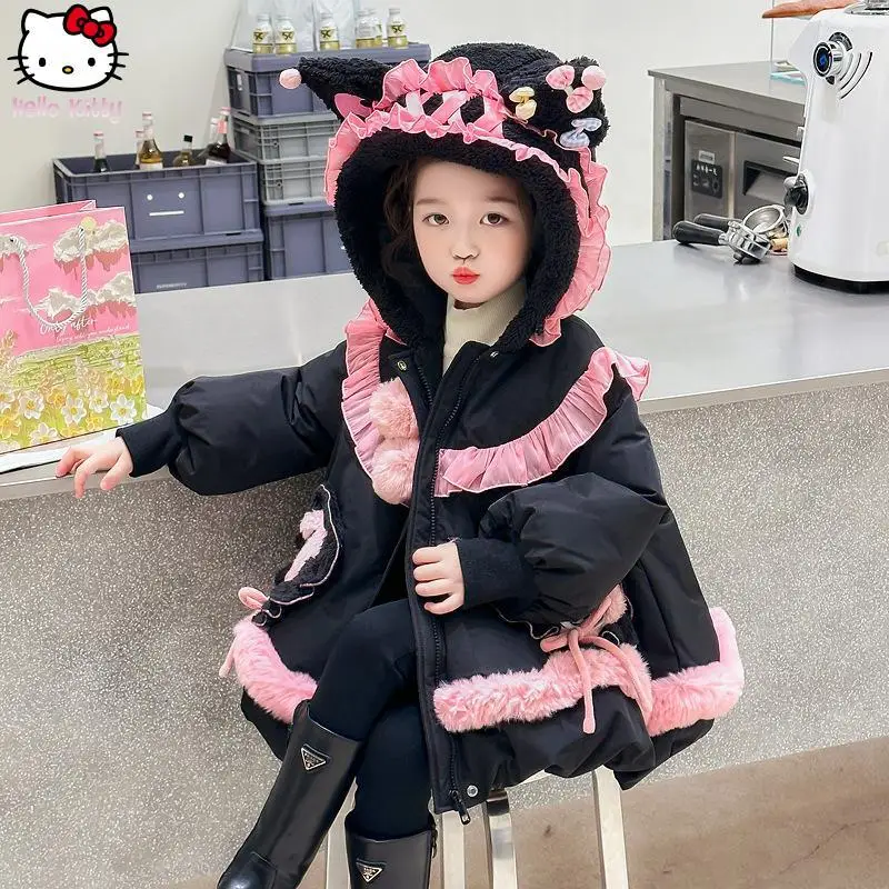 

Girl Kuromi Thick Hooded Lace Bow Cotton Jacket Kawaii Children's Anime Warm Jacket Cartoon Autumn Winter New Cotton Jacket Tops
