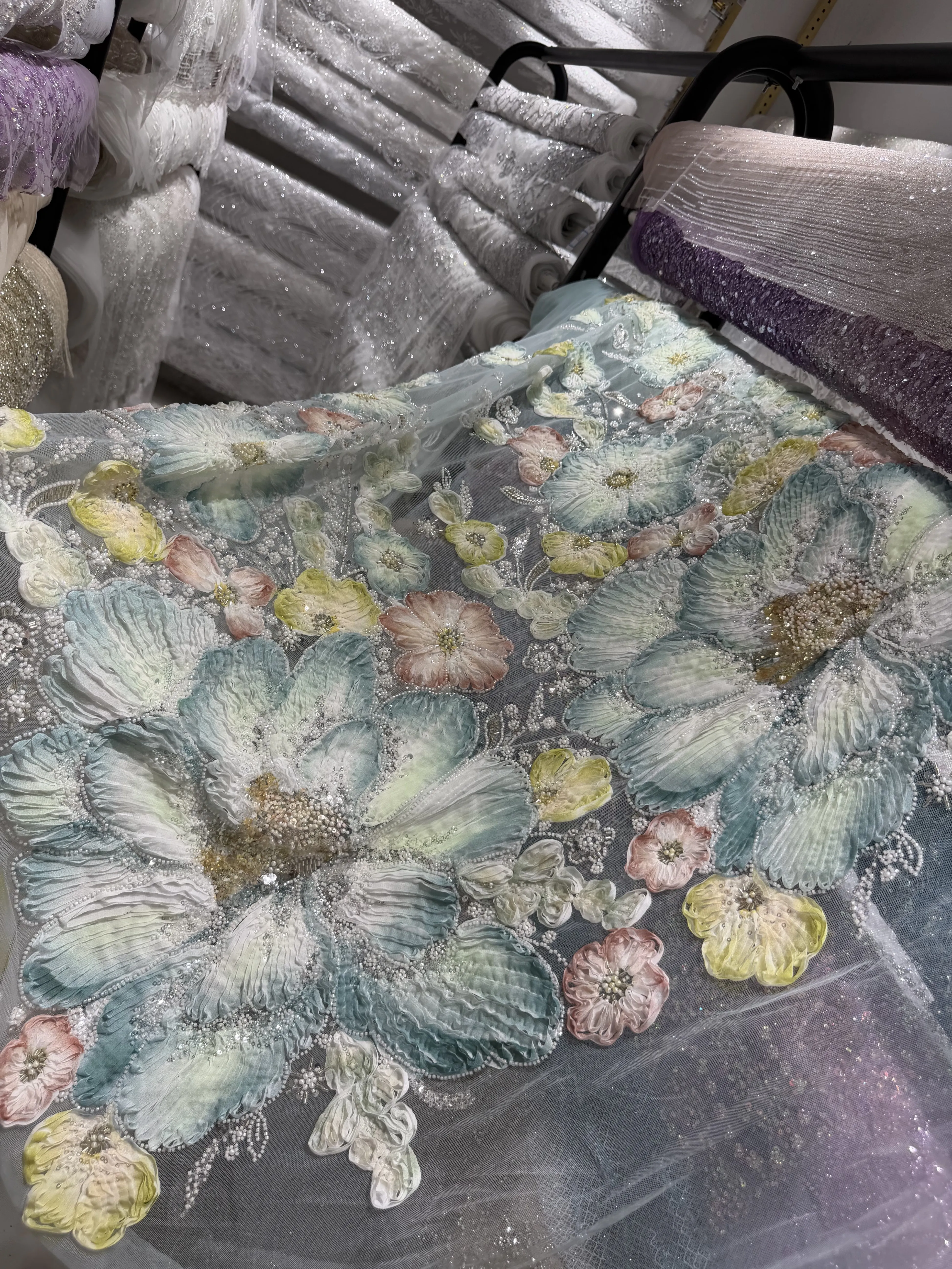 Color Large Flower Embroidered Cloth Fabric Draping for Wedding Background Layout Dress Fabric
