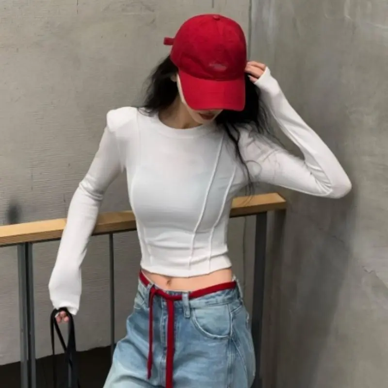 Temperamento corto simplicidad Tops manga larga sólido ajustado elegante camisetas juveniles primavera otoño nueva moda Sexy ropa de mujer