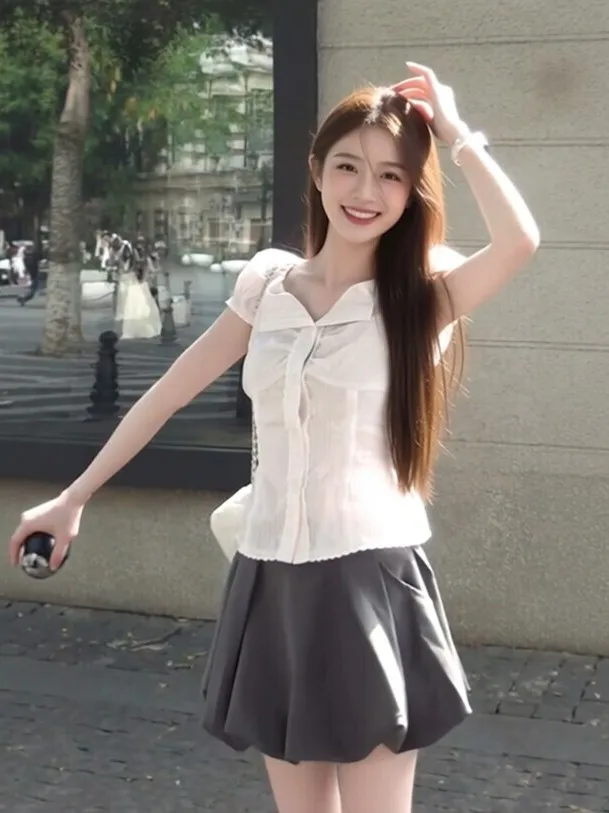 

Korean Style Gentle Wind Shirt Skirt Set Short Sleeve High Waist Comfortable Summer Fashion Women's Two-Piece Suit Casual Date