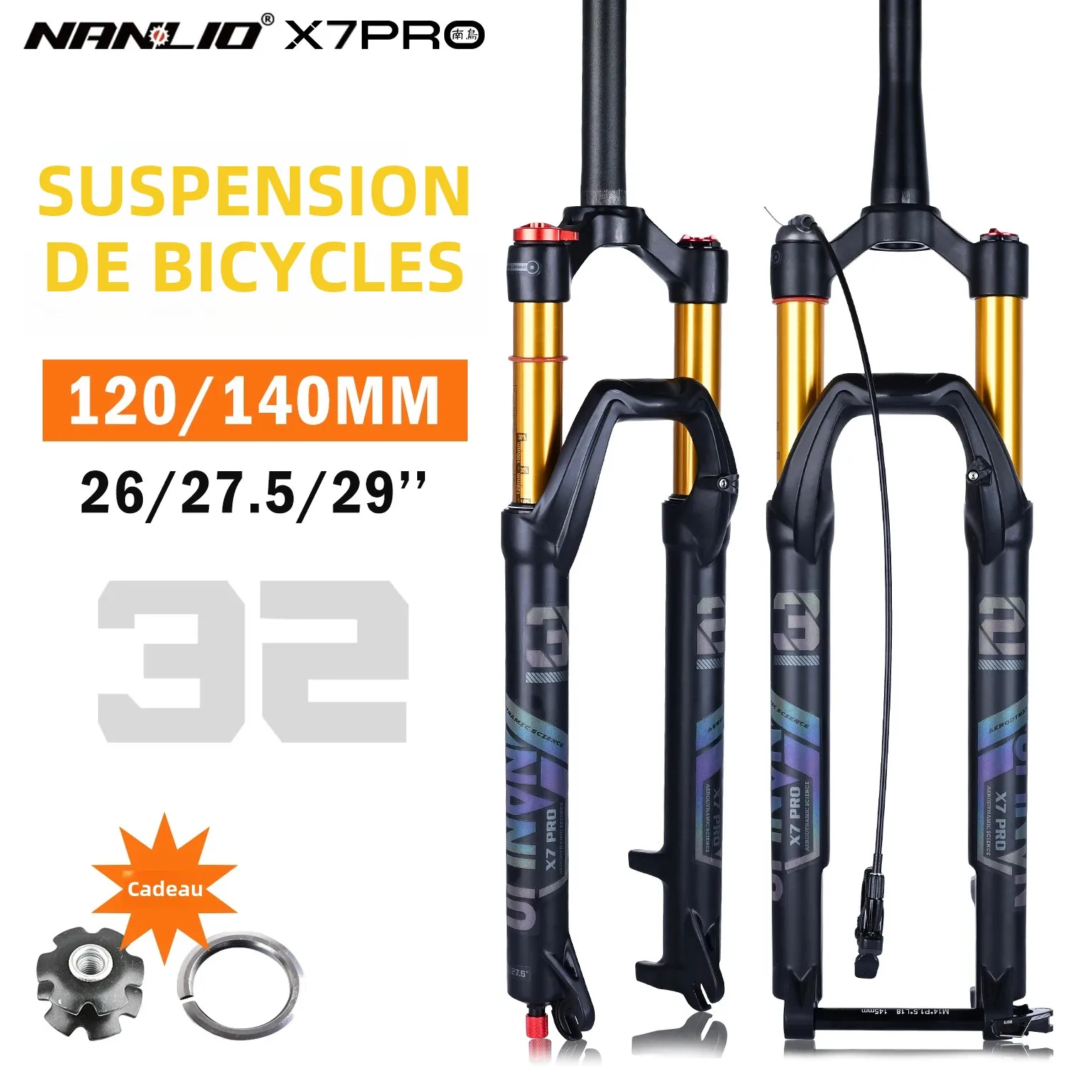 Nanlio X7PRO fourche de Suspension de vélo fourche à gaz d'huile 120/140mm voyage 26/27.5/29 pouces, alliage d'aluminium d'amortissement et de rebond, 1.75kg