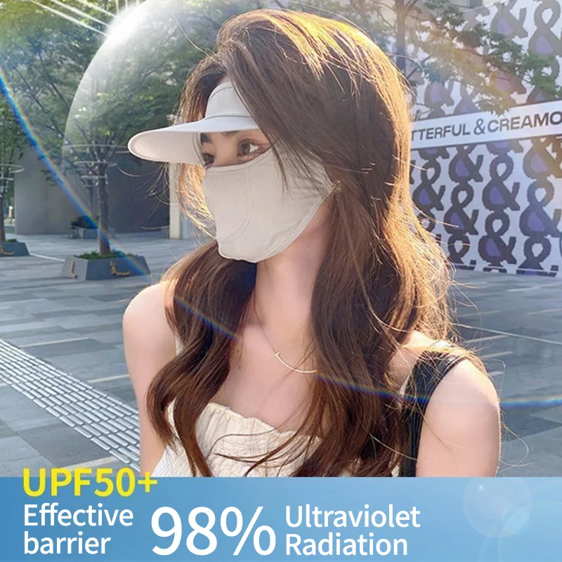 Sunscreen Mask For Women Summer Full Face Thin Mask Sunshade Face Mask Ice Silk Anti-UV Breathable Face Gini Integrated Brim