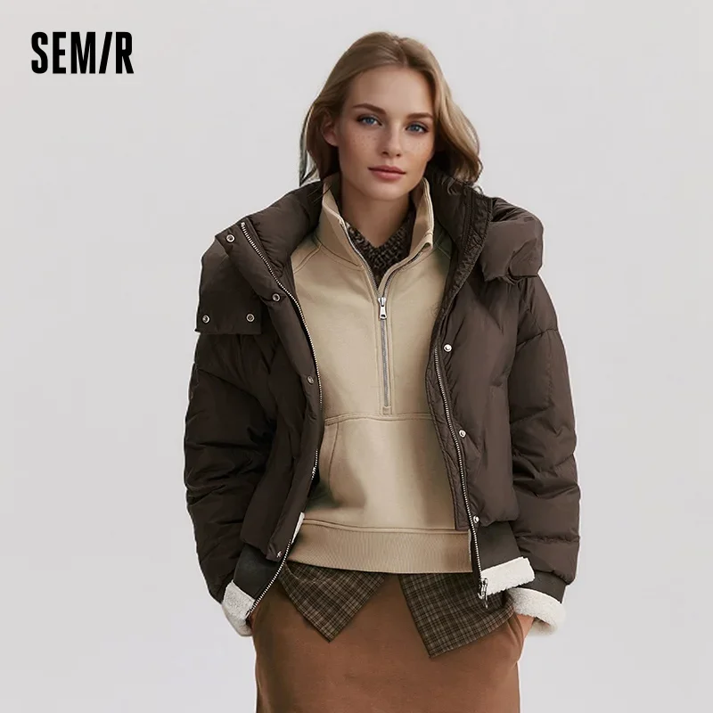 Jaqueta semir com retalhas para mulheres, casaco solto de duas peças falso, jaqueta com capuz na moda, senso de design elegante, novo inverno, 2024