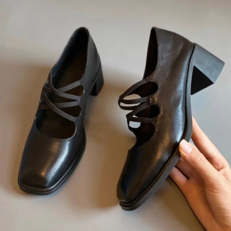 Elegant Square Toe Chunky Heel Mary Jane Shoes Women Novelty Cross Tied Designer Shoes Autumn Retro Outdoor Heels Zapatos Mujer