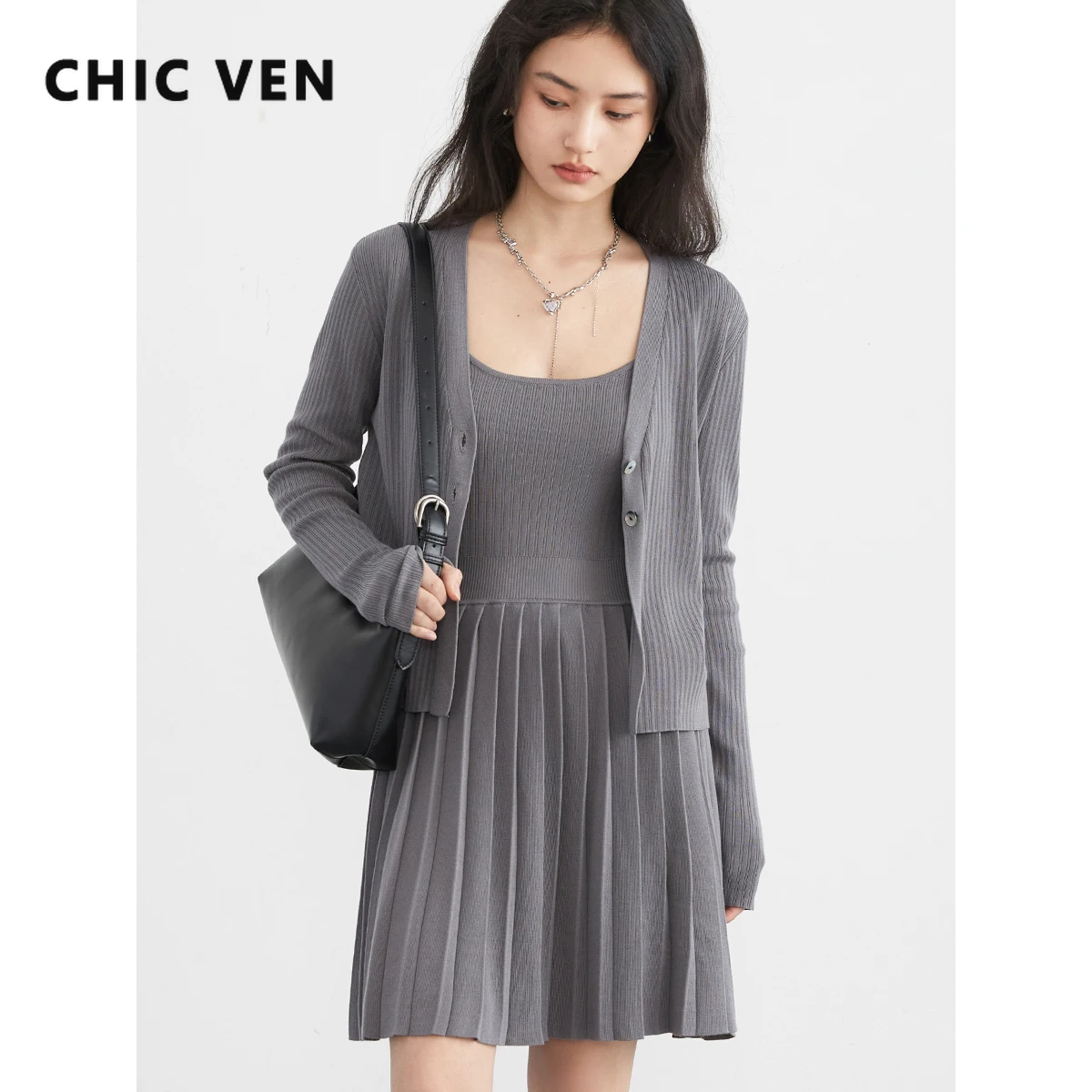 CHIC VEN Women Cardigan Loose Casual New V-neck Female Sweaters Woman Top Suspender Pleated Dress Set Spring Summer 2024