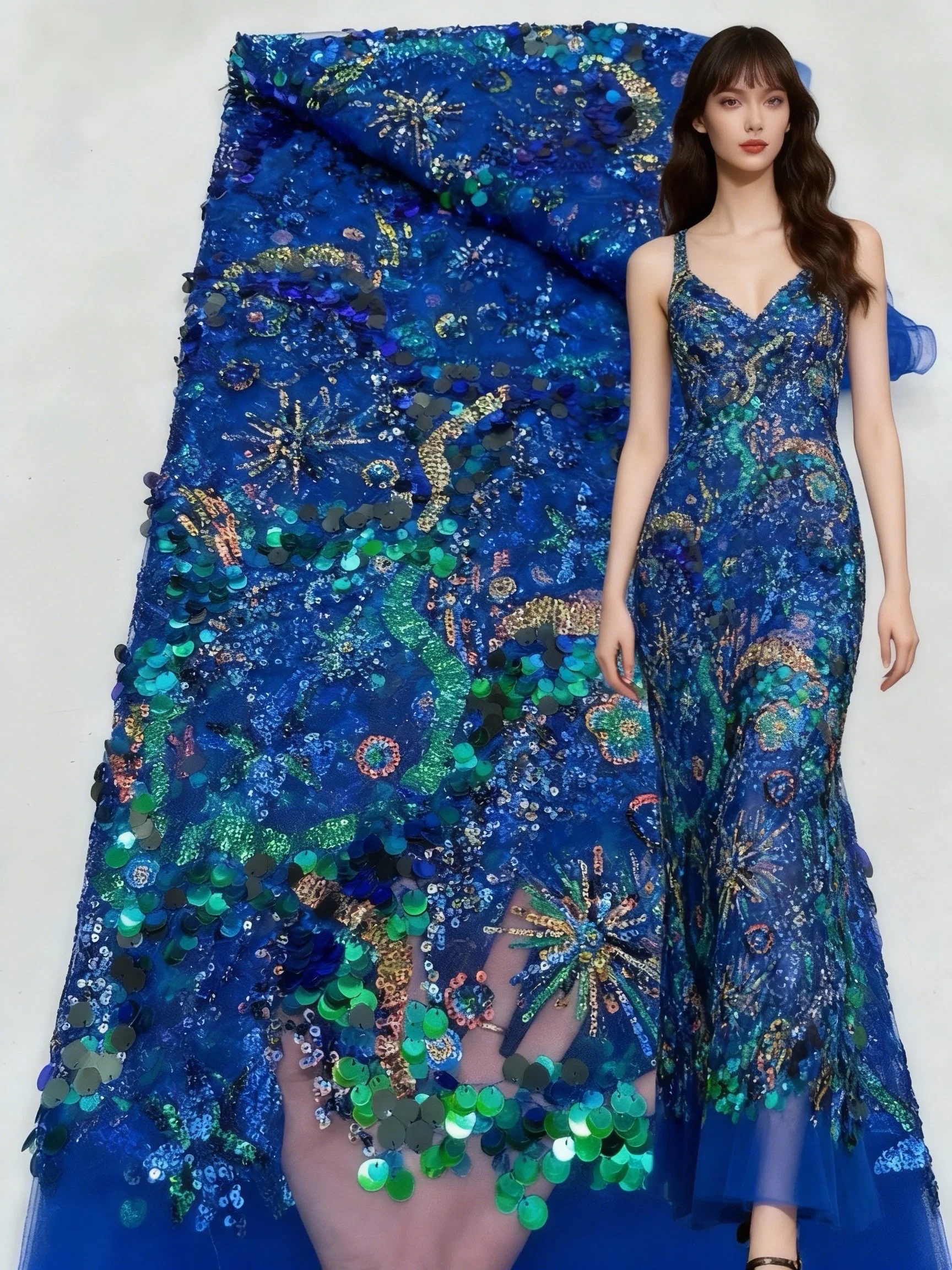 

Royal Blue Sequins Tulle Lace Fabric 2025 High Quality African Sequins Embroidery Nigerian French 5 Yards For Sewing Party Dress