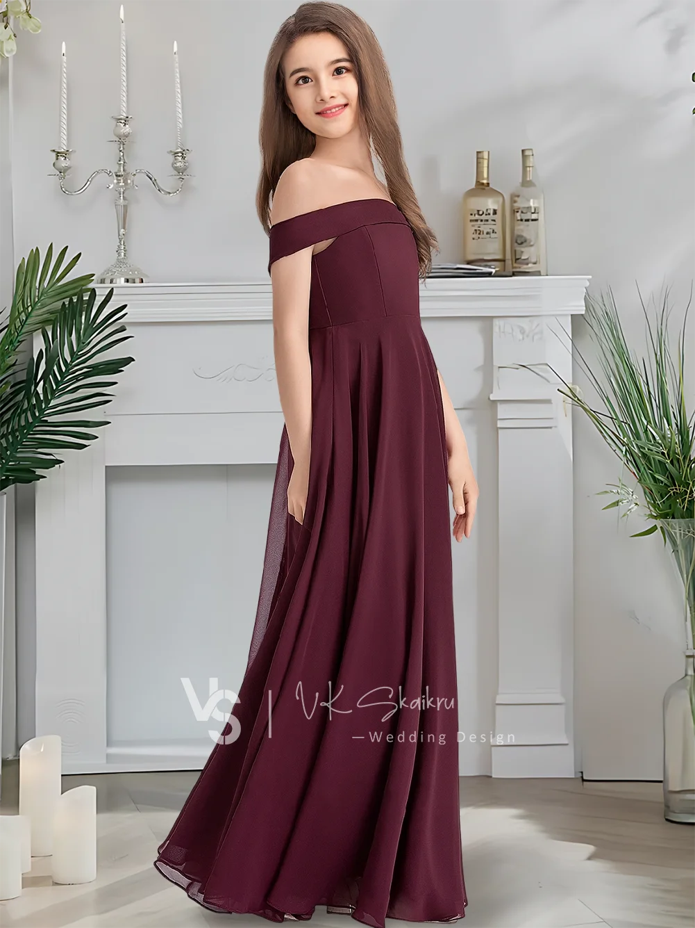 

A A Line Junior Bridesmaid Dress Flower Girl Dress Floor Length Off The Shoulder Sleeveless Chiffon Girls Wedding Party Formal