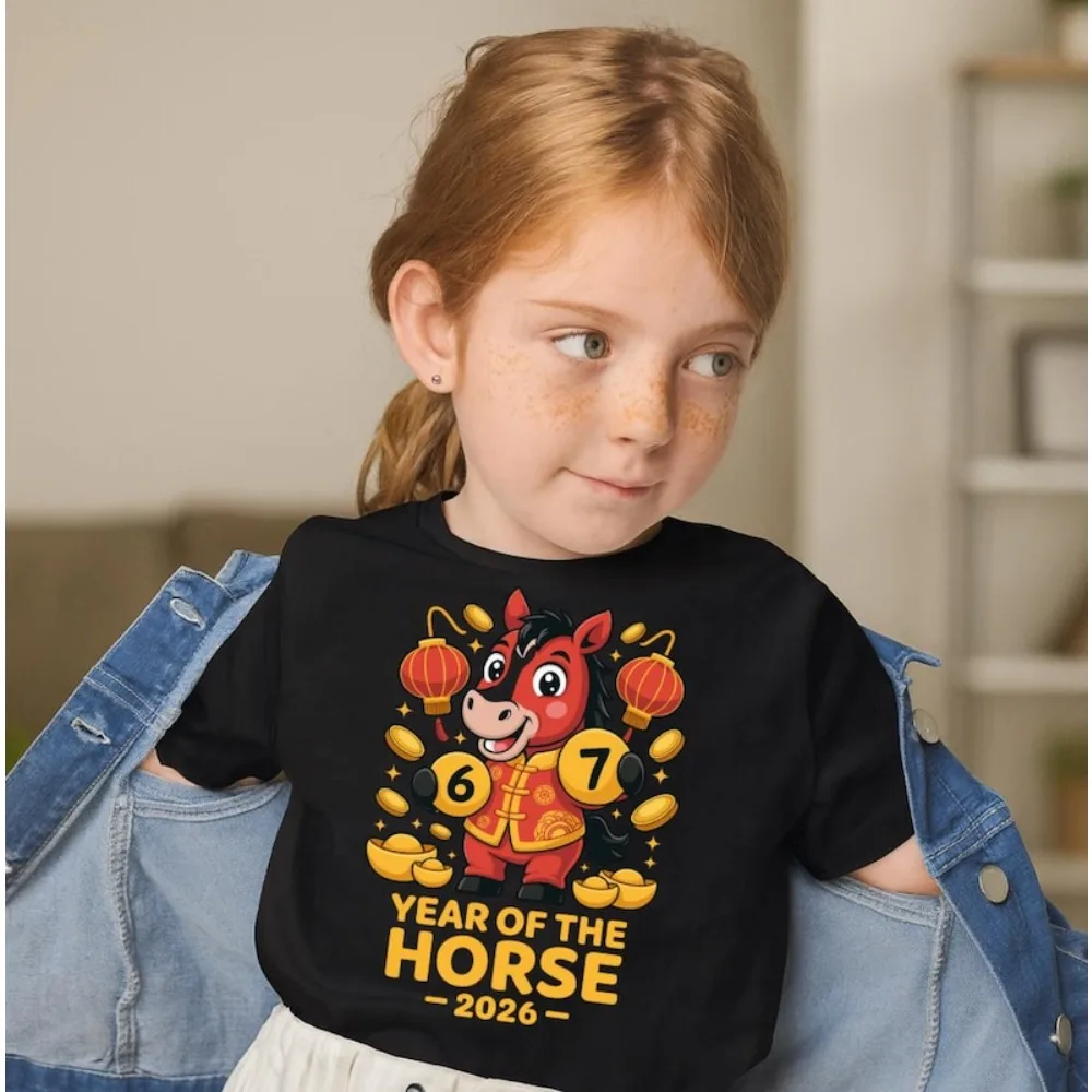 Jahr des Pferdes 2026 Süßes Kinder-T-Shirt Sternzeichen-Pferd-Shirt Mondneujahr Junge Mädchen-T-Shirt Glücksmünzen und Laternen bedrucktes T-Shirt