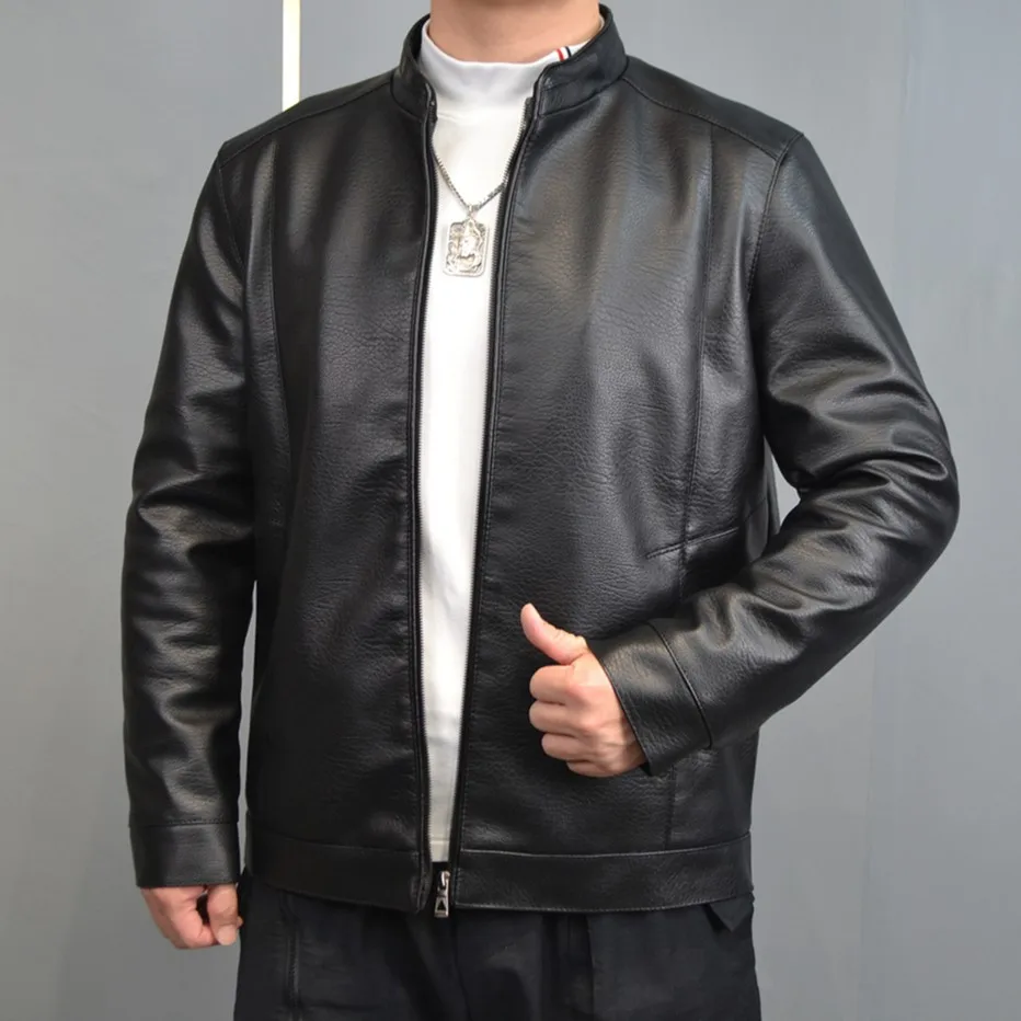 

Мужские пальто из искусственной кожи, однотонные куртки с карманом на молнии и воротником-стойкой, длинными рукавами, толстые облегающие повседневные офисные куртки 2025 года, осень-зима