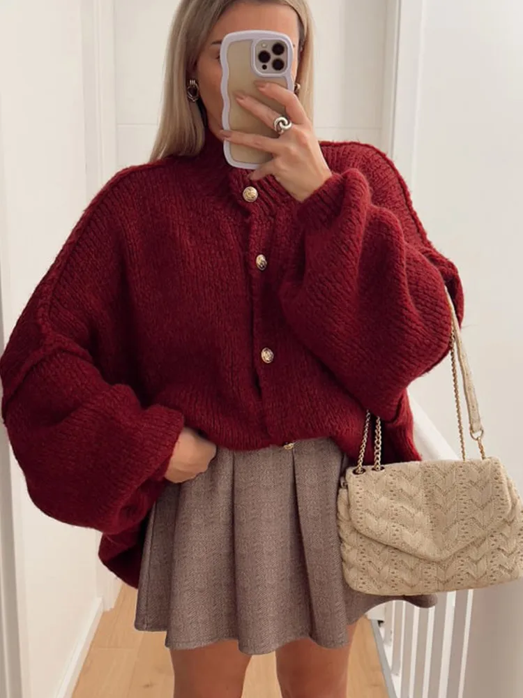 Casual Burgundy Red Oversized Knitted Cardigan For Women Elegant Lantern Sleeve Single Breasted Sweater Autumn Lady New Knitwear