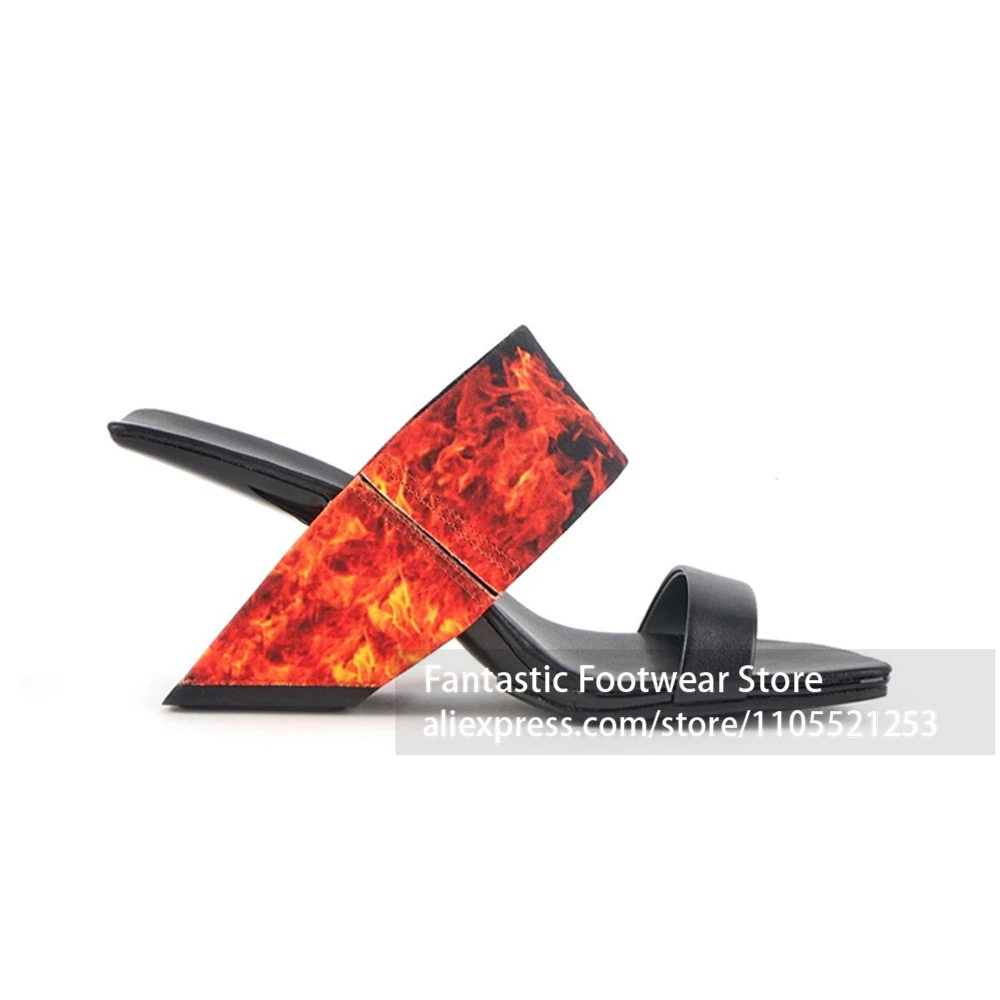 Square Open Toe Slides Tan Leather Single Strap Slides Mirror Irregular Geometric Block Sandals Backless Slip On Design Mules