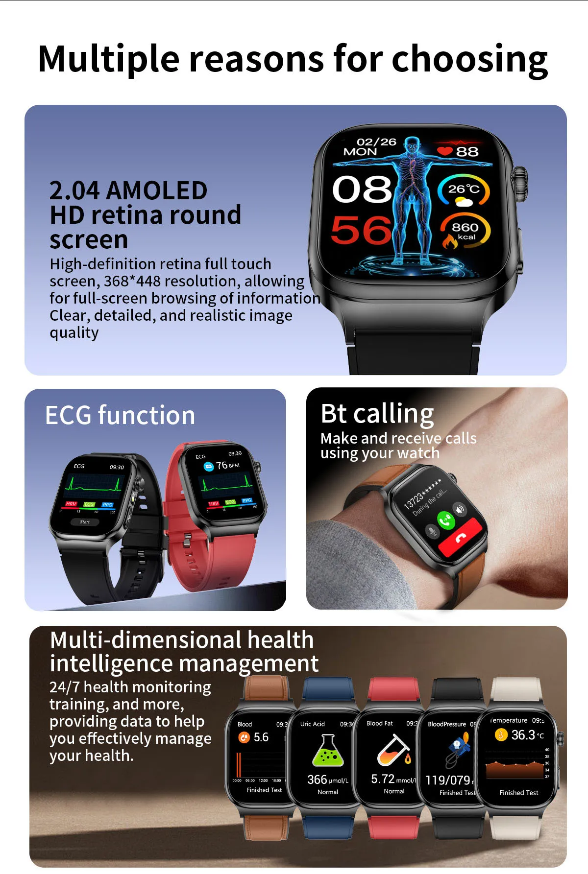 2026 Neue Krankenhausqualität Gesundheits-Smartwatch Körperfett EKG Blutsauerstoff Blutdruck Gesundheits-AMOLED-Bildschirm HD-Anruf Sport-Smartwatches für Herren – Detail 3