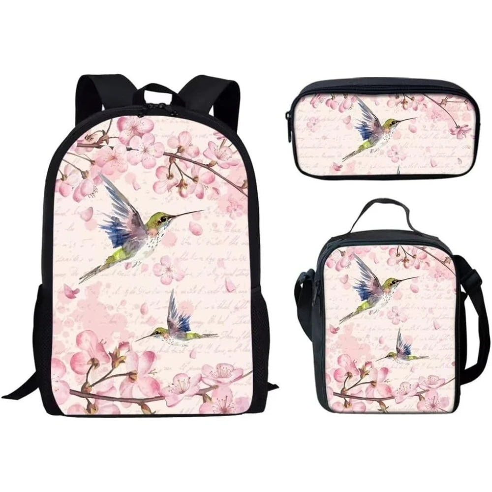 

Детский рюкзак Pink Hummingbird Flower для девочек и мальчиков, рюкзак для начальной школы и дошкольников + сумка для обеда + сумка для ручек, 3 шт.