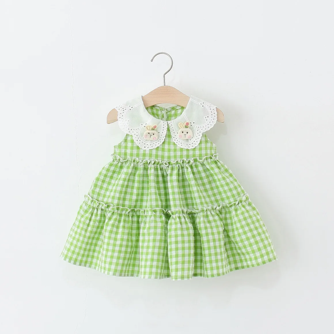 Baby Kleidung Mädchen Sommer Cartoon Kaninchen Und Karierten Muster Puppe Hals Baby Kleider Nette Casual Sanfte Mädchen kinder Kleid
