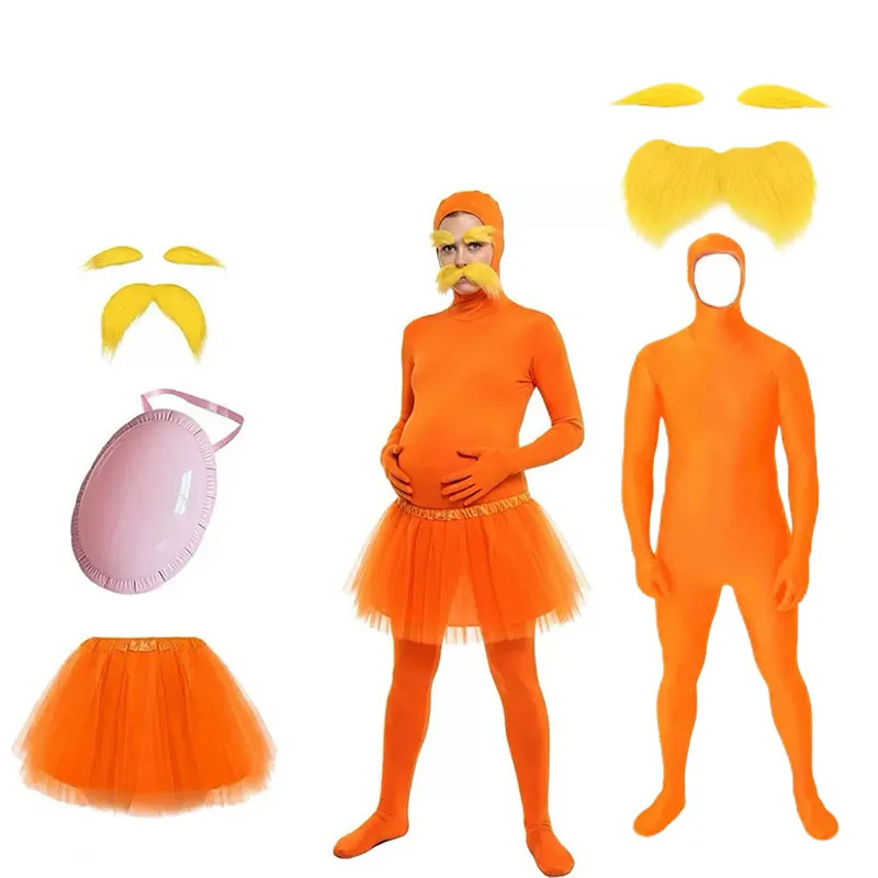 New Halloween Party Cosplay Jumpsuit Orange Costume Yellow Moustache And Eyebrow Baring Orange Bodysuit Masquerade Kid Adult