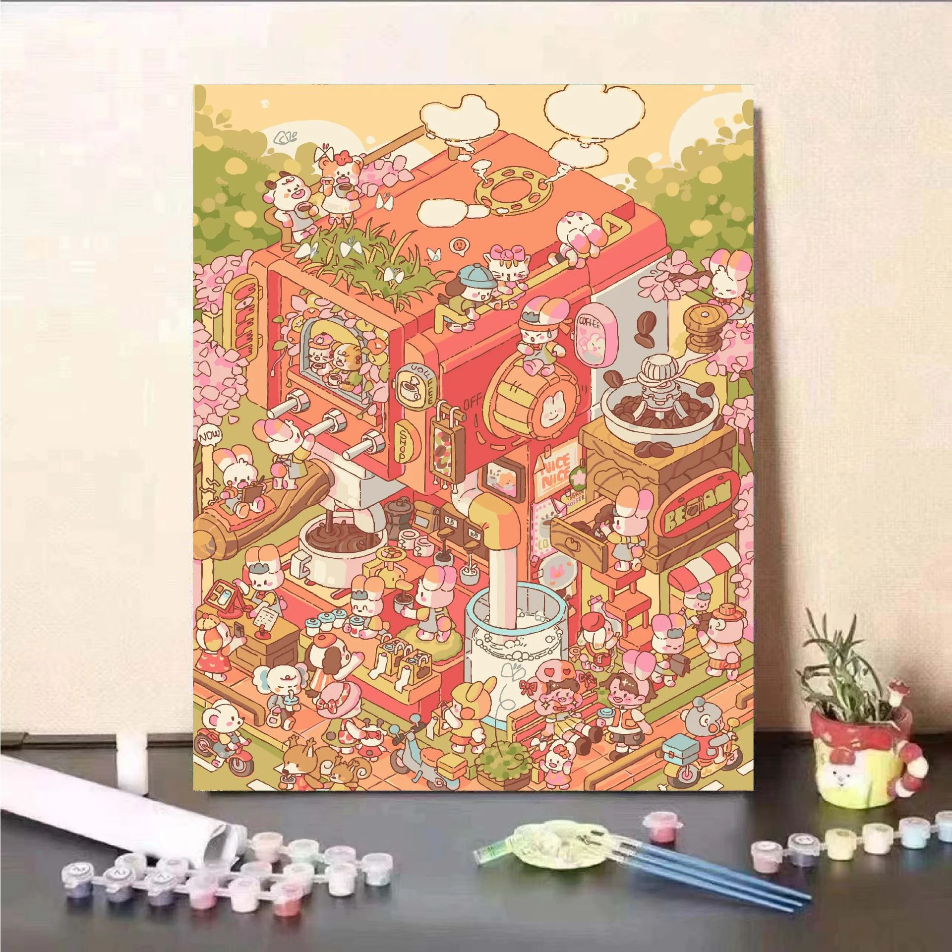 Modern Canvas Cute Animal Milk Tea Shop Coffee House Oil Painting Paint by Numbers for Living Room Bedroom Home Decor Frameless