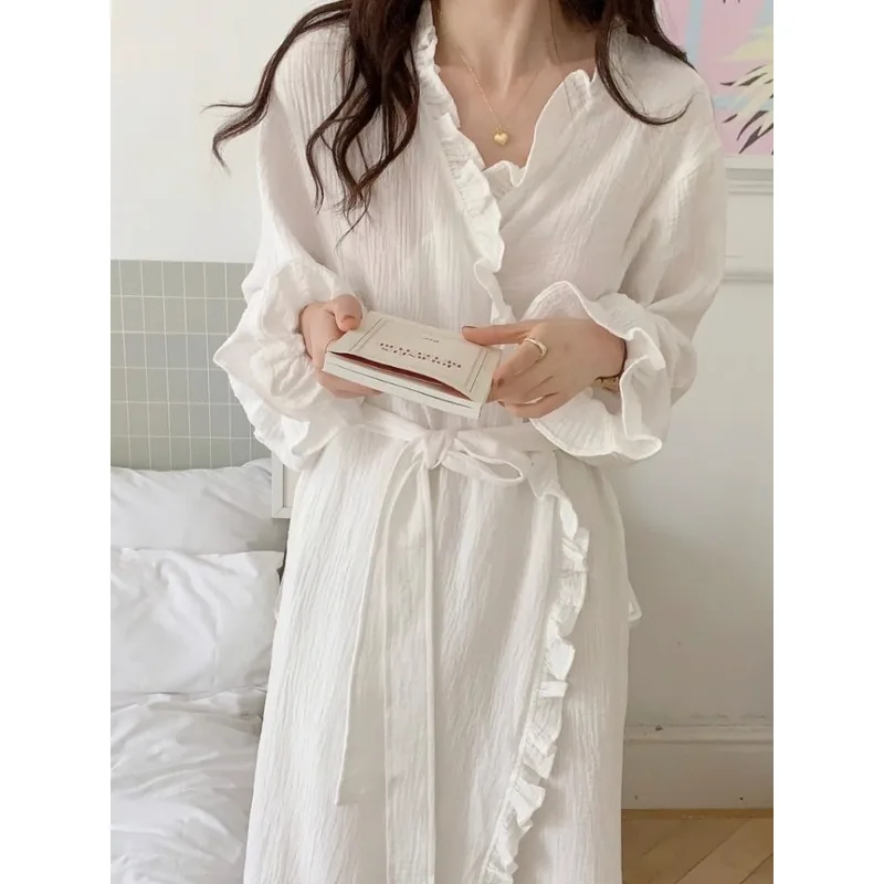 Bathrobe Women Shower Long-Sleeved Robe Autumn and Winter Simple Solid Ruffle Korean Version of the Student Pajamas Bath Rob