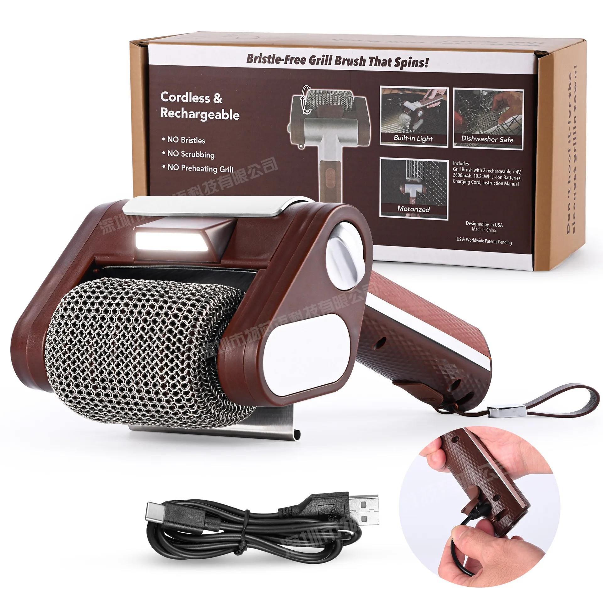 

2025 New 304 Stainless Steel Roller Barbecue Brush with LED Light, Brushless Cleaning, Food Grade Cleaning, LED Lighting