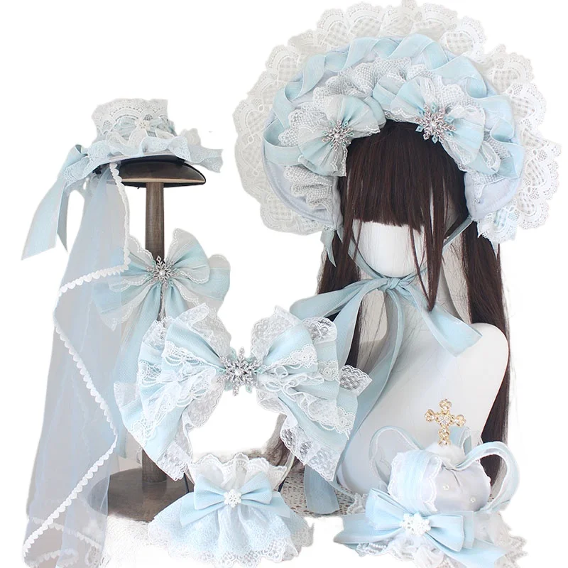 Natal g luz azul gorro chapéu superior bandana bnt laço arco kc mangas de mão lolita borda clipe bandana