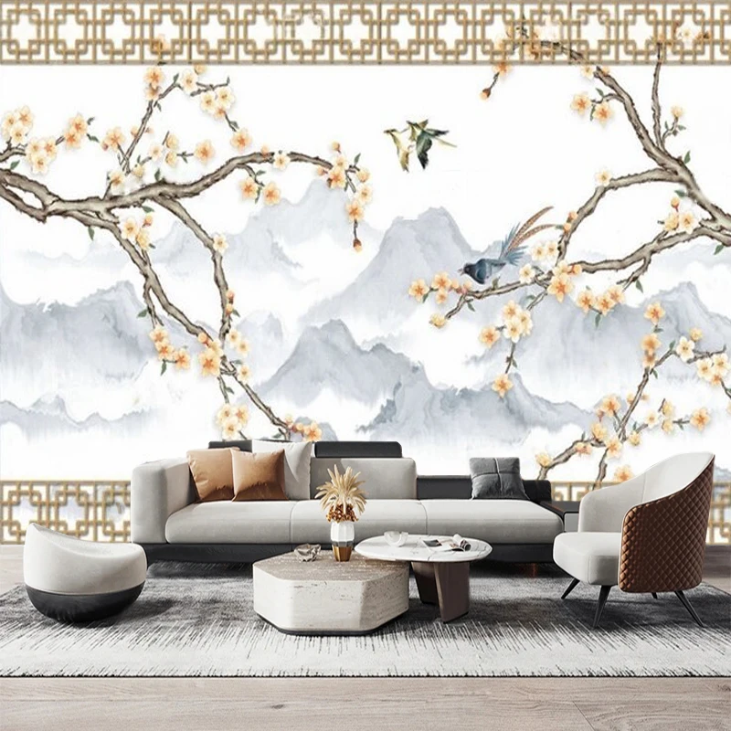 New Chinese-Style Hand-Painted Meticulous And Simplified Flower Mountain And Plant Wall Stickers And Murals Of Luxury Style