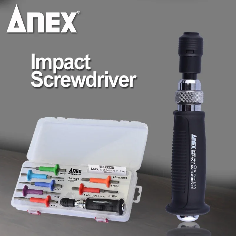 ANEX 1903-NS1 Screw Removal Tool and Impact Screwdriver Set Mini Type, Screw Remover, Set of 7 Bits, Case Included
