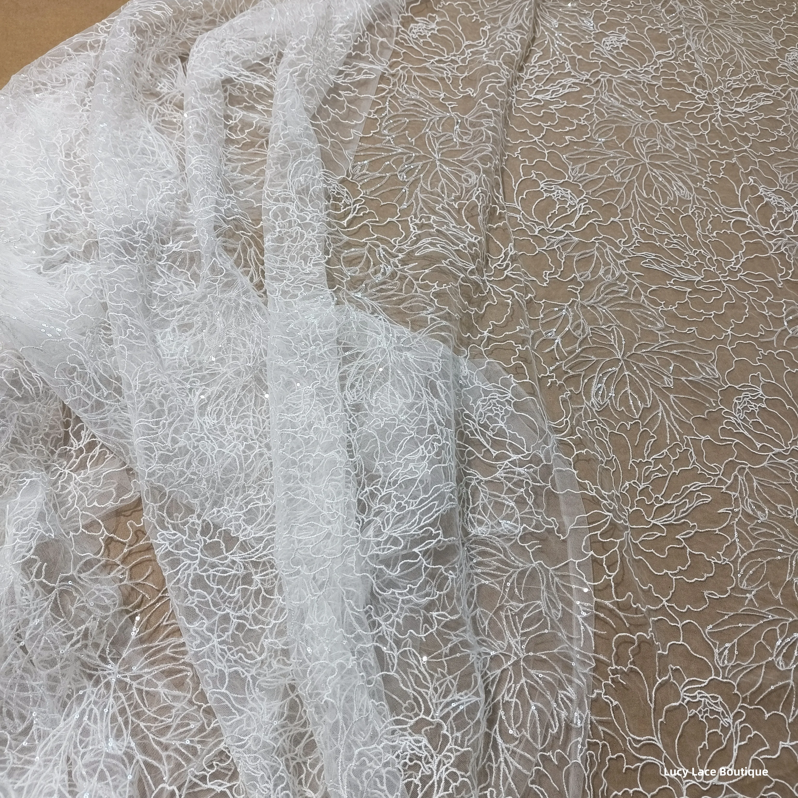 125CM Wide Off White Embroidery Rose Flowers with Tiny Clear Sequins Allover Wedding Dress Sewing Lace DIY Lace 2024 NEW