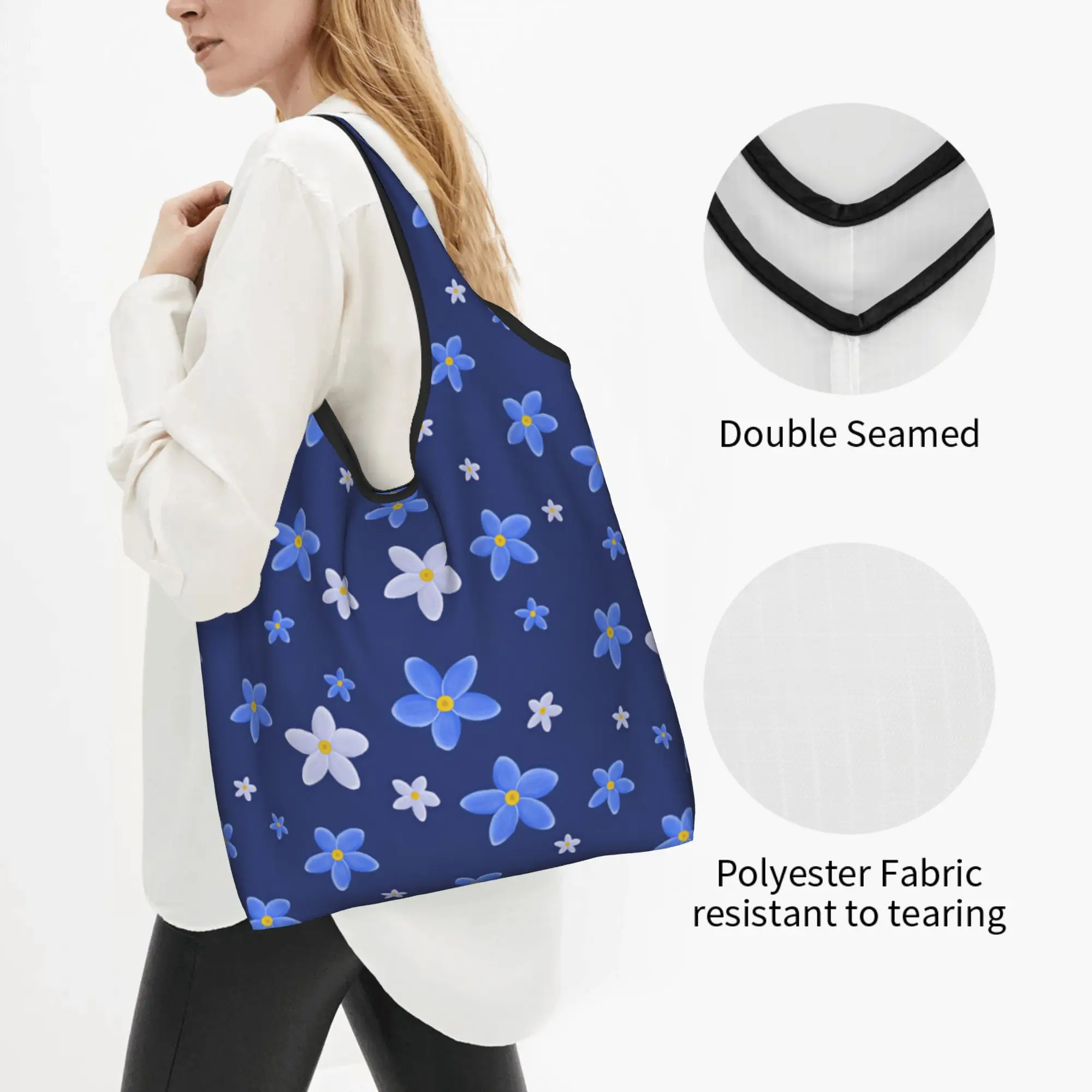 Forget Me Not Purple Flowers Grocery Tote Shopping Bag Women Kawaii Seamless Floral Pattern Shopper Shoulder Bag  Handbag