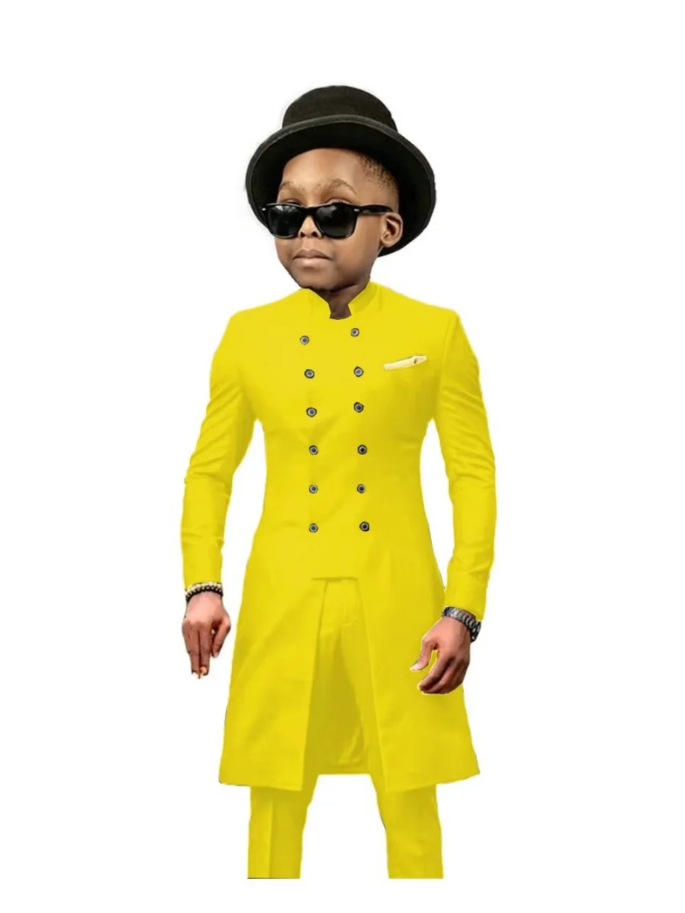 African Stand Collar Kids Long Suit Set 2 Pieces Wedding Guest Outfit Double Breasted Boys Formal Tuxedo Birthday Party Wear