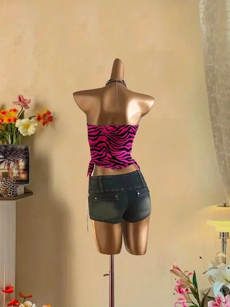 Cropped Top Women's Summer Vacation Pleated Lace Up Leopard Print Vest, Sleeveless Zebra Print Top, Pink Zebra Print Top,