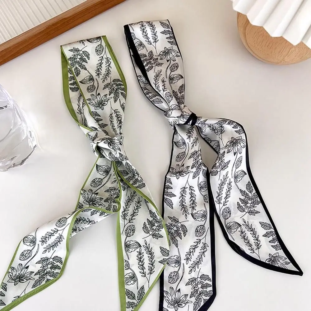 New Headband Korean Style Scarves Ins Long Scarf Floral Leaf Hair Bands Women Hair Ribbon Satin Silk Scarf Flower Printed Scarf