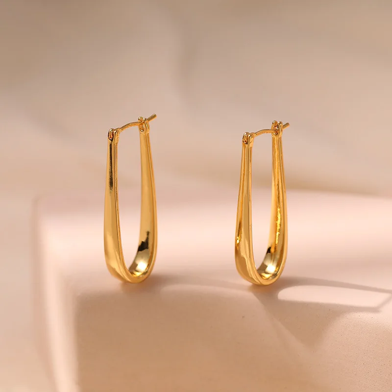 Minar Personality Water Drop U Shaped Oval Wide Long Hoop Earrings for Women Femme 18K Real Gold Plated Brass Statement Jewelry