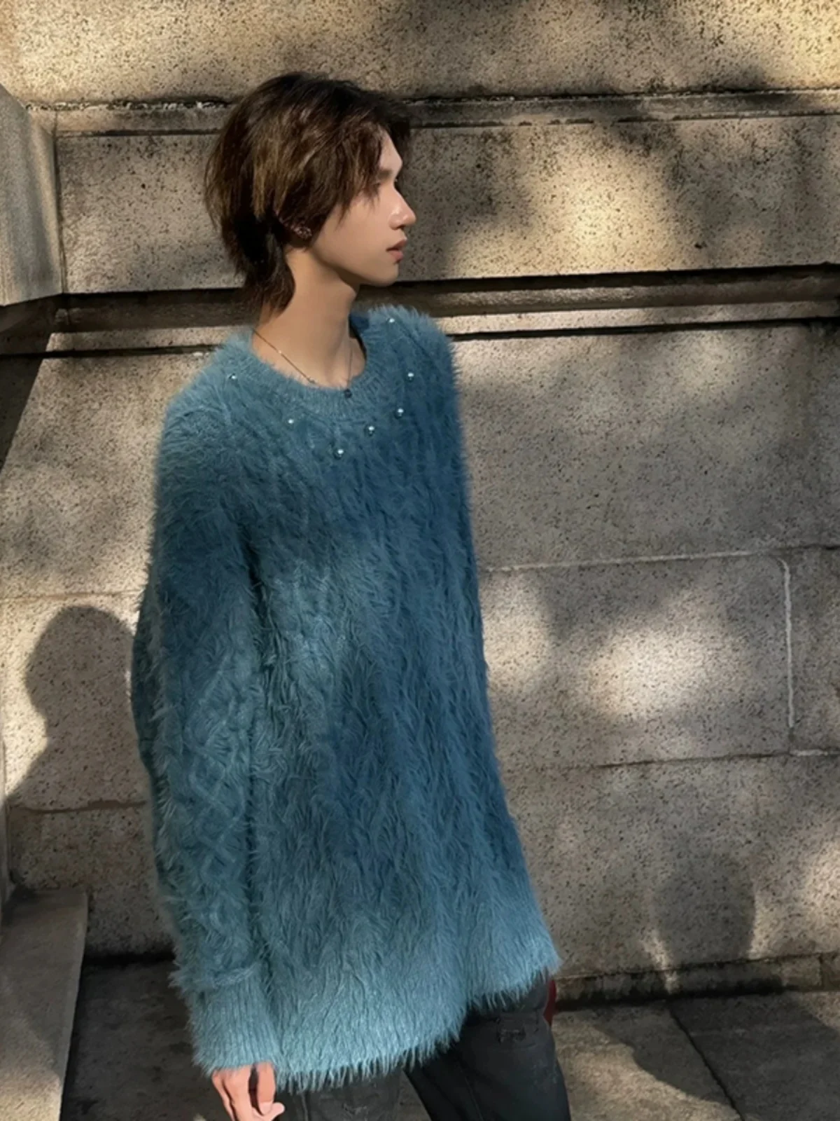 

Lazy College Sle Men's round Ne Knitwear Winter Faion Pearl Design Haome Loose Fit Long Sve Casual Top