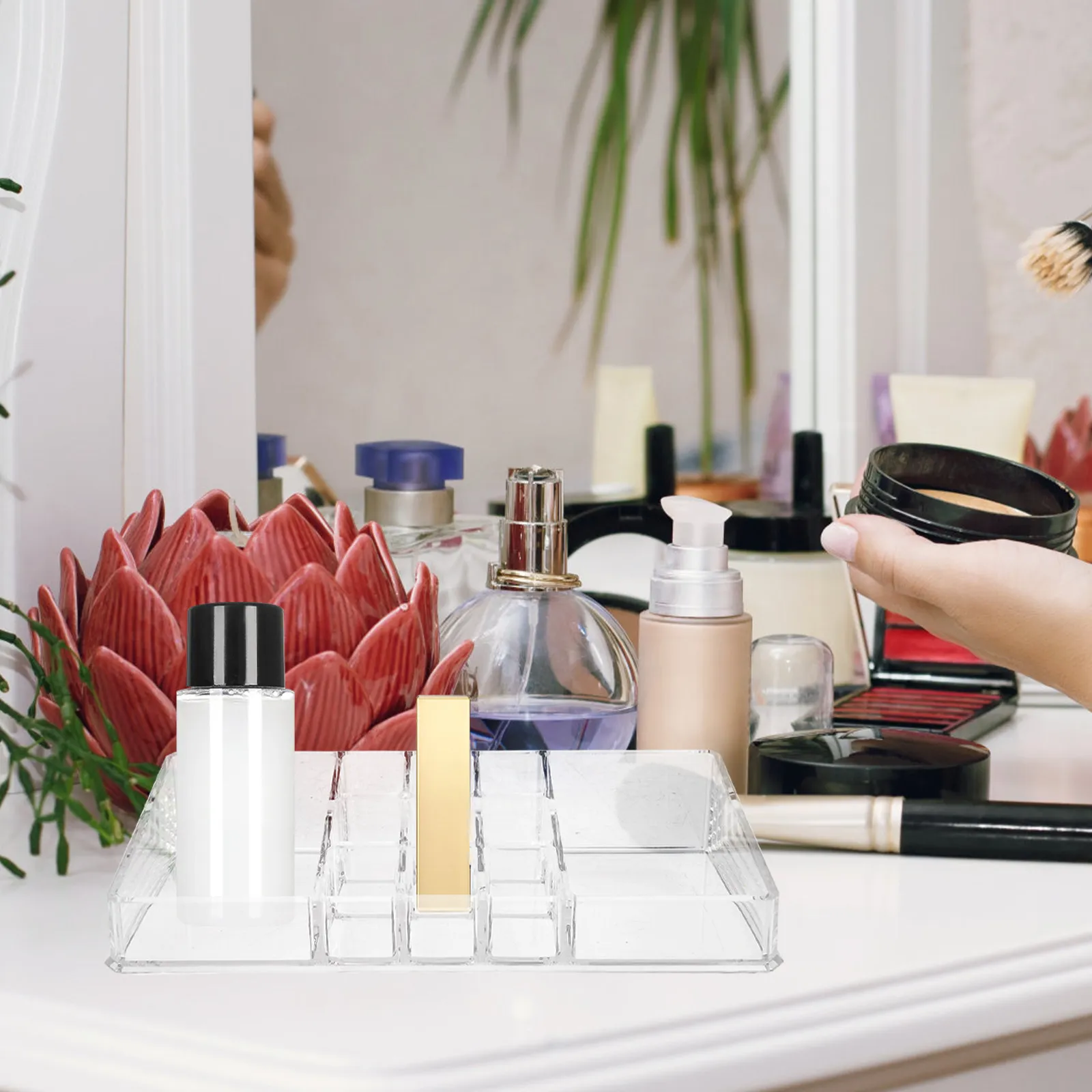 Acrylic Storage Box – Transparent Multi-Compartment Desktop Organizer for Cosmetics, Skincare, Pills & Oils