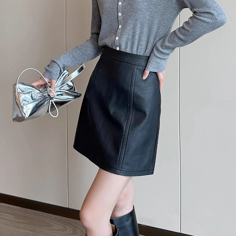 البساطة مكتب سيدة الخريف الشتاء المرأة الصلبة سستة الكورية موضة عالية الخصر قصيرة ضئيلة ألف خط بولي Leather الجلود الورك تنّورة ملفوفة