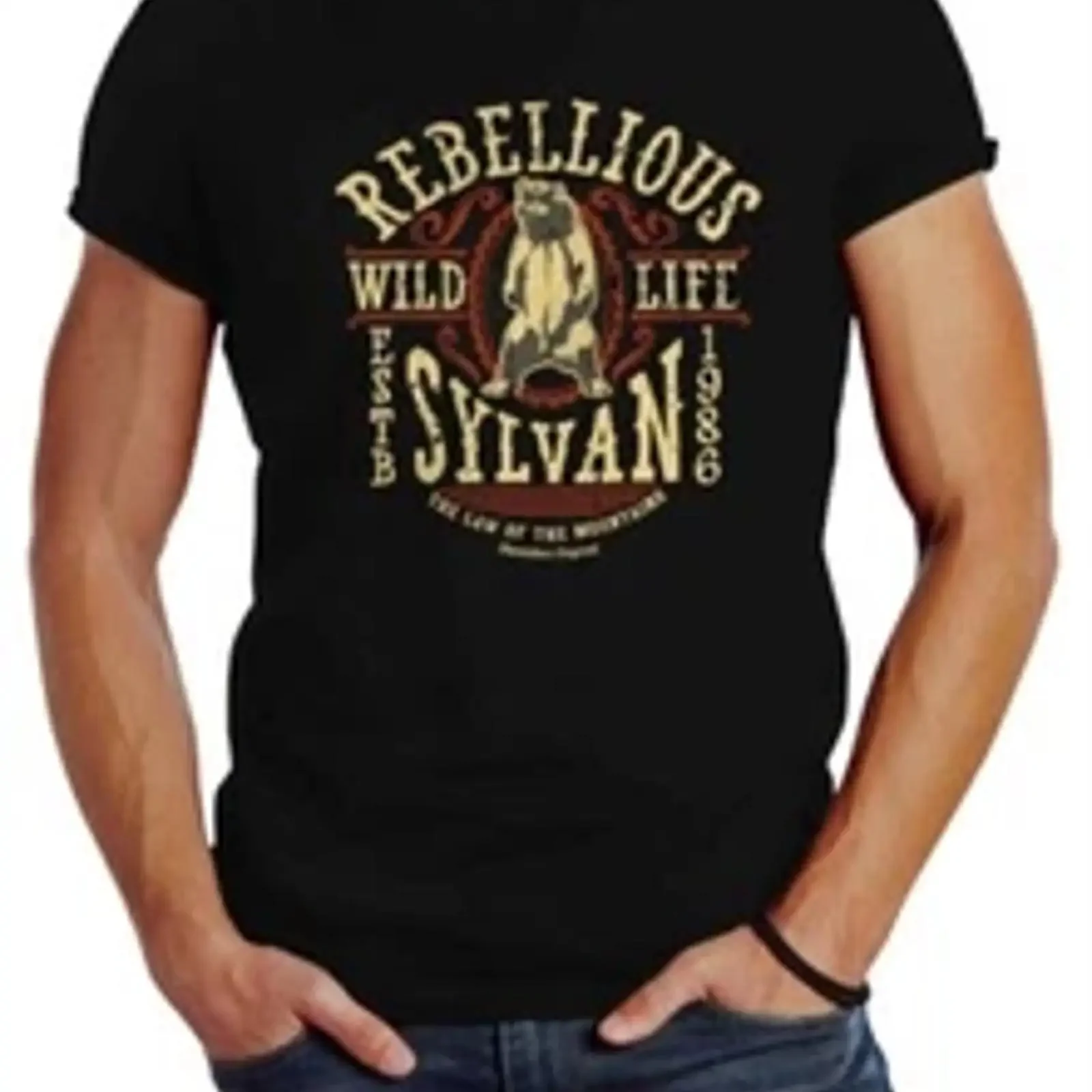 Rebellious Sylvan Bear Men's T Shirt Grizzly Logo Vintage College Print vintage Washed Top For Everyday Wear Stretched graphic
