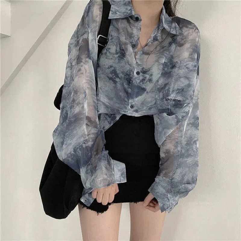 

Summer Vintage Shirt Women Harajuku Tie Dye Print Korean New Loose Casual Chiffon Blouse Holiday Transparent Top Women Clothing