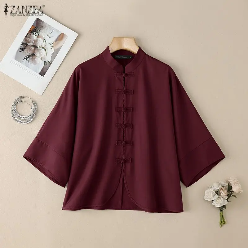 Chemises amples décontractées pour femmes, Vintage, col Mandarin, boutons grenouille, manches 2023, couleur unie, vêtements pour femmes, été 3/4