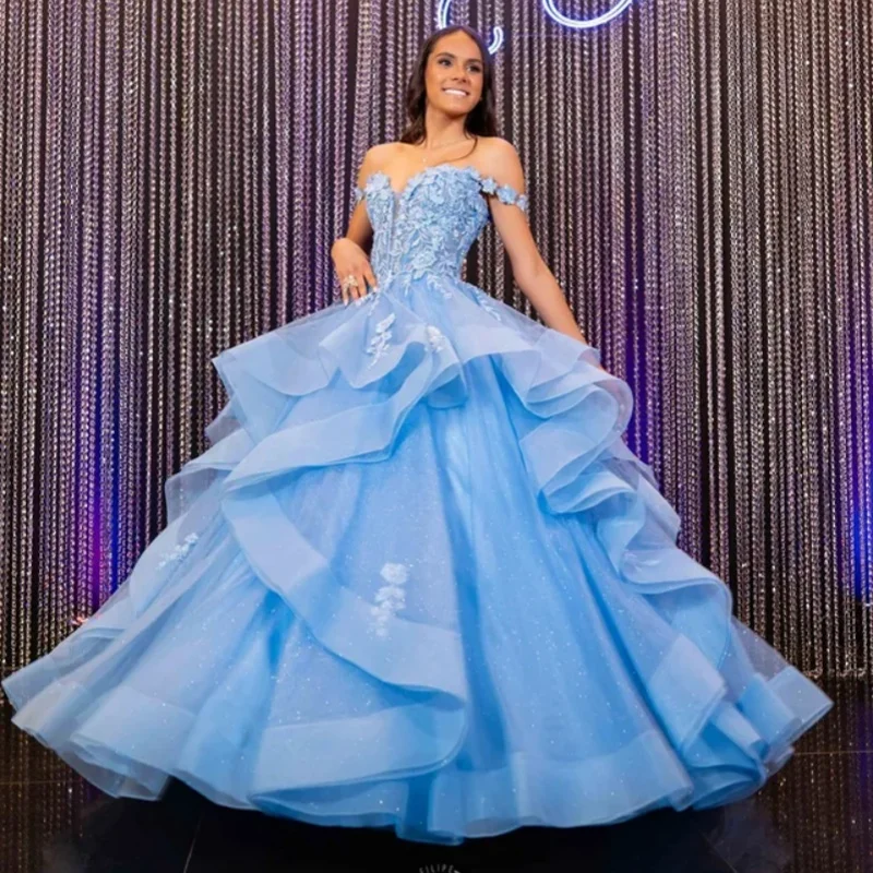 

Sky Blue Quinceanera Dress glitter crystal Flowers Decal Long tail Lace Party Gown Vestidos De 15 Quinceanera ﻿Customize