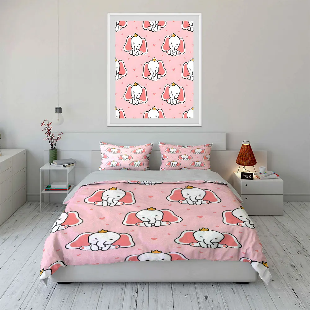Cute cartoon crowned elephant Pattern Duvet Cover Set Digital Print Colorful Polyester Bedding with Zipper Closur for kids gifts