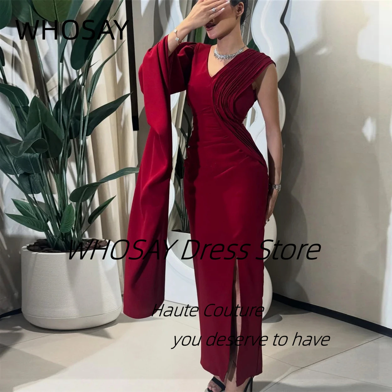 WHOSAY Side Slit Sheath Prom Dresses V Neck Ruched Beaded Long Sleeve Evening Gowns Zipper Back Saudi Party Dress Customized