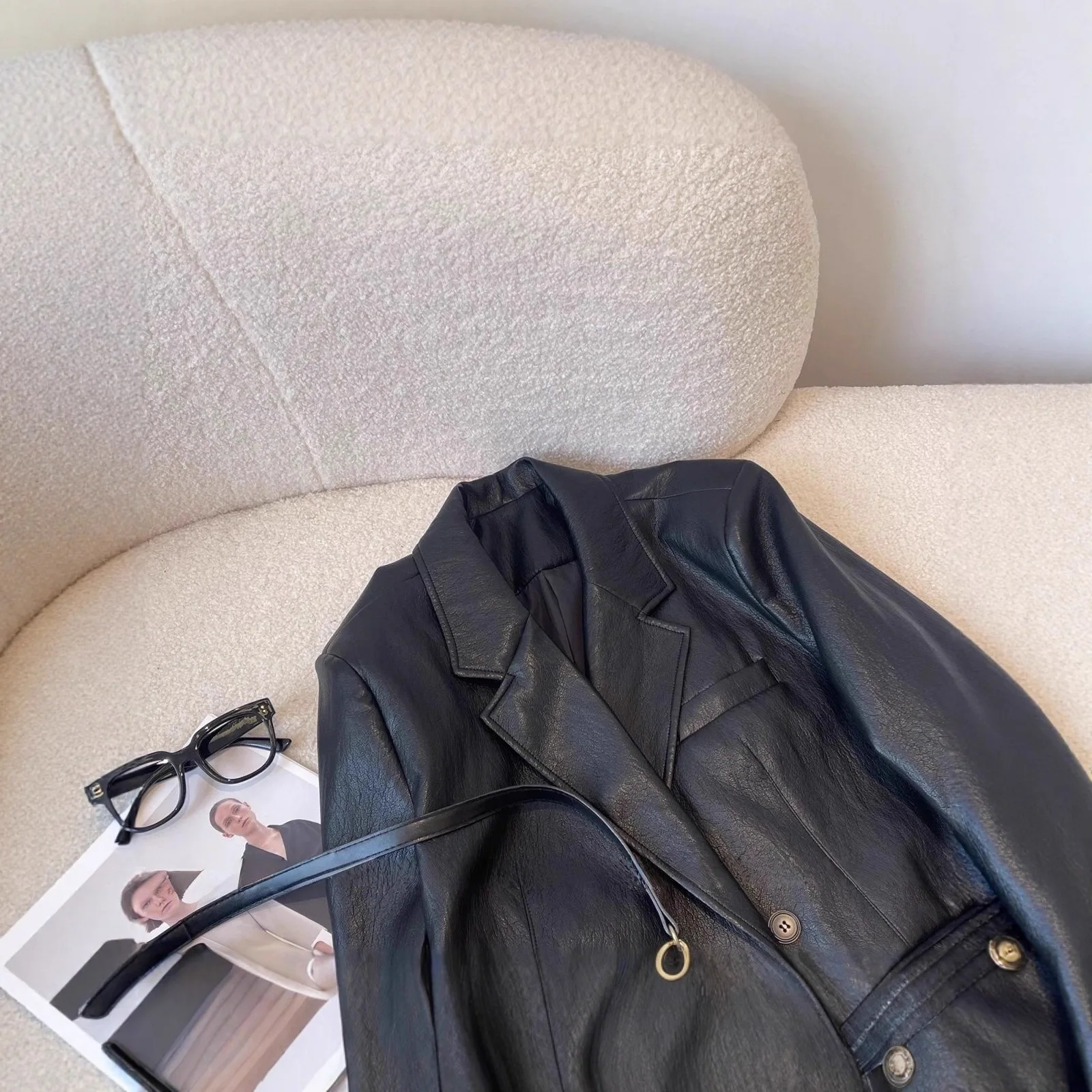 Elegant Black Leather Jacket For Women, Spring New Korean Style, Loose-Fitting, Slimming, Casual Blazer