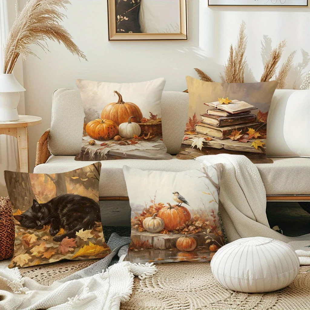 4pcs Short Plush Throw Pillow Covers 18x18 Inch - Fall Pumpkins, Autumn Leaves & Books Printed Farmhouse Thanksgiving Decor