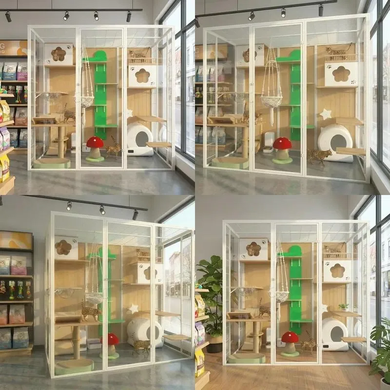 Tempered Glass Cat Villa Cage with Cabinet Nest Aluminum Alloy Pet House Room